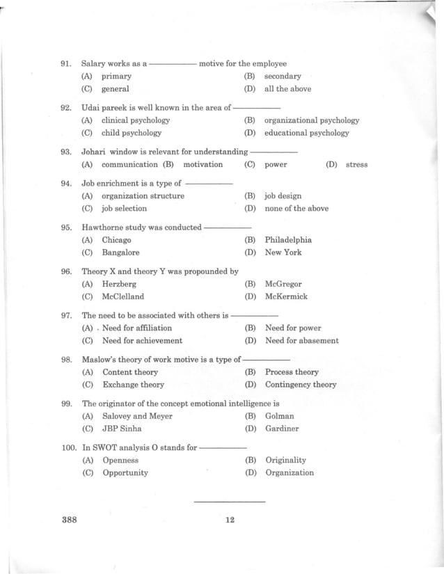 Pondicherry university 2010 m.sc. applied psychology entrance exam