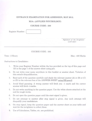 Pondicherry university 2012 m.sc. applied psychology entrance exam question paper solved by s.lakshmanan, psychologist
