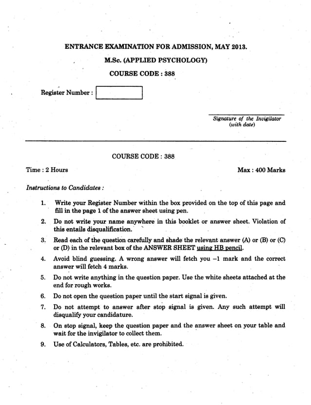 Pondicherry university 2013 m.sc. applied psychology entrance exam