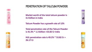PENETRATIONOF TALCUMPOWDER
Market worth of the total talcum powder is
4.4 billion in India
Talcum Powder has a growth rate of 12%
Total penetration rate of the Talcum Powder
is 41.4% * 1.3 billion =53.82 Cr India
HUL penetration rate is 49.2% * 53.82 Cr =
26.17 Cr
 