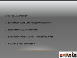 ETAPAS DE LA  EXPOSICIÓNDESCRIPCION SOBRE LA METODOLOGÍA DE CÁLCULODIAGRAMA DE FLUJO DEL PROGRAMAEXPLICACIÓN SOBRE EL DISEÑO Y PROGRAMACIÓN WEBUTILIZACIÓN DE LA HERRAMIENTA