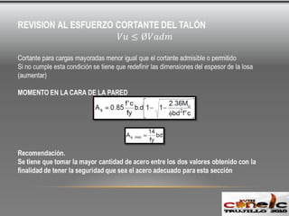 ESTABILIDAD EXTERNA.Un muro puede fallar por dos maneras diferentes:Las partes individuales pueden no ser suficientemente fuertes para resistir las fuerzas que actúan (ejemplo: el muro se agrieta por presión de tierra).COMO REMEDIAR.Aquí se requiere determinar las dimensiones, espesores, y refuerzo necesario para resistir los momentos y los cortantes (concreto)2. Todo el muro se desplaza por acción de la presión de tierra sin que presente rotura interna.COMO REMEDIAR.Para salvaguardar el muro contra desplazamientos globales o garantizar su estabilidad externa, se necesita consideraciones especiales basadas en las presiones reales de tierras (tan precisas como puedan determinarse).Las presiones de contacto calculadas se comparan con los factores admisibles y los factores globales de seguridad, se evalúan comparando las fuerzas resistentes con las máximas en condiciones de servicio.