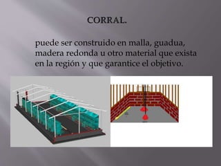 puede ser construido en malla, guadua, 
madera redonda u otro material que exista 
en la región y que garantice el objetivo. 
 