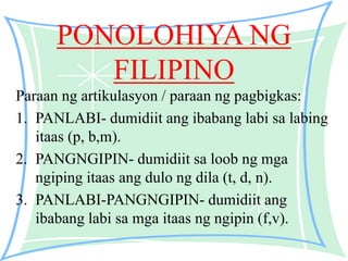 PONOLOHIYA NG
FILIPINO
Paraan ng artikulasyon / paraan ng pagbigkas:
1. PANLABI- dumidiit ang ibabang labi sa labing
itaas (p, b,m).
2. PANGNGIPIN- dumidiit sa loob ng mga
ngiping itaas ang dulo ng dila (t, d, n).
3. PANLABI-PANGNGIPIN- dumidiit ang
ibabang labi sa mga itaas ng ngipin (f,v).
 