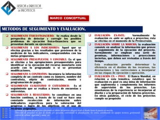 Gerencia y Gestión de proyectos ofreciendo al cliente un servicio integral desde el diseño hasta la puesta en marcha.
Dirección de proyectos en fase de diseño y/o ejecucion, controlando la planificación, los costes, coordinando los equipos tecnicos, gestionando
control de calidad, seguridad y salud, etc.
 SEGUIMIENTO FÍSICO-FINANCIERO: Se realiza desde la
perspectiva de detectar y corregir los posibles
problemas de ejecución físico-financiera que se
presentan durante su ejecución.
 SEGUIMIENTO A LOS INDICADORES: Aquel que se
efectúa gracias a los resultados que provienen de la
medición de los indicadores, comparándolos con las
metas propuestas.
 SEGUIMIENTO PRESUPUESTAL Y CONTABLE: Es el que
se efectúa a las apropiaciones presupuestales para
identificar si la ejecución del recurso monetario está
acorde con lo programado o si se presentan
modificaciones.
 SEGUIMIENTO A CONTRATOS: Incorpora la información
completa de un contrato como es número, nombre del
contratista, objeto de contratación, monto y
programación de pagos.
 SEGUIMIENTO CUALITATIVO O CATEGÓRICO: Es el
seguimiento que se realiza a través de encuestas y
entrevistas.
 SEGUIMIENTO A RESULTADOS: Se constituye en una
función continua, a través de la cual se hace una
constante recolección de información sobre
indicadores específicos para la valoración del
progreso y logro de los objetivos en el uso de
recursos asignados.
METODOS DE SEGUIMIENTO Y EVALUACION.
 EVALUACIÓN EX-ANTE: Normalmente la
evaluación ex -ante se aplica a proyectos; ésta
se efectúa en el momento de la Preinversión.
 EVALUACIÓN SOBRE LA MARCHA: la evaluación
consiste en analizar la información que provee
el seguimiento de la ejecución del proyecto.
Normalmente se emplean una serie de
premisas, informaciones y proyecciones
inciertas, que deben ser revisadas a través del
tiempo.
Esta evaluación permite determinar la
eficiencia en el destino de los recursos, las
desviaciones y las correcciones a incorporar
en las etapas de ejecución y operación.
 EVALUACIÓN EX – POST: El Banco Mundial, en
relación a esta temática, establece que la
evaluación ex post es una mina de información
que suplementa y complementa los informes
de supervisión de los proyectos. Las
enseñanzas de la experiencia se incorporan al
diseño y a la preparación de futuros proyectos.
En otras palabras, el ciclo de los proyectos
cumple su propósito
MARCO CONCEPTUAL
 
