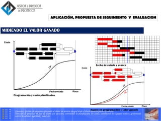 Gerencia y Gestión de proyectos ofreciendo al cliente un servicio integral desde el diseño hasta la puesta en marcha.
Dirección de proyectos en fase de diseño y/o ejecucion, controlando la planificación, los costes, coordinando los equipos tecnicos, gestionando
control de calidad, seguridad y salud, etc.
Fecha de estado y avance
MIDIENDO EL VALOR GANADO
Programación y costo planificados
Avance en programación y valor ganado
APLICACIÓN, PROPUESTA DE SEGUIMIENTO Y EVALUACION
 