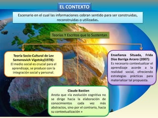 Escenario en el cual las informaciones cobran sentido para ser construidas,
reconstruidas o utilizadas.
Teorías Y Escritos que lo Sustentan
Teoría Socio-Cultural de Lev
Semenovich Vigotsky(1978):
El medio social es crucial para el
aprendizaje, se produce con la
integración social y personal.
Enseñanza Situada, Frida
Días Barriga Arcero (2007):
Es necesario contextualizar el
aprendizaje acorde a la
realidad social, ofreciendo
estrategias prácticas para
materializar tal propuesta.
Claude Bastien
Anota que «la evolución cognitiva no
se dirige hacia la elaboración de
conocimientos cada vez más
abstractos, sino por el contrario, hacia
su contextualización »
EL CONTEXTO
 