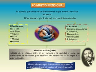 Es aquello que tiene varias dimensiones o que involucran varios
aspectos.
El Ser Humano y la Sociedad, son multidimensionales
El Ser Humano:
Es a la vez
 Biológico
 Síquico
Social
Afectivo
Racional.
La Sociedad
Comporta dimensiones
 Históricas,
Económicas
Sociológicas
 Religiosas...
Abraham Maslow (1943)
Hablaba de la relación entre el ser humano y la sociedad y como sus
dimensiones se relacionan para satisfacer las necesidades y así llegar a la
autorrealización.
El conocimiento pertinente debe reconocer lo
multidimensional e insertar allí sus información.
LO MULTIDIMENSIONAL
 