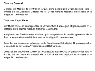 Objetivo General
Generar un Modelo de control en Arquitectura Estratégica Organizacional para el
empleo de las Unidades Militares de la Fuerza Armada Nacional Bolivariana en la
mitigación de desastres.
Objetivos Específicos
Identificar como se conceptualiza la Arquitectura Estratégica Organizacional en el
contexto de la Fuerza Armada Nacional Bolivariana
Interpretar los fundamentos teóricos que comprenden la acción gerencial de la
Fuerza Armada Nacional Bolivariana en la mitigación de desastres.
Describir las etapas que subyacen en la Arquitectura Estratégica Organizacional en
el contexto de la Fuerza Armada Nacional Bolivariana.
Construir un Modelo de control en Arquitectura Estratégica Organizacional para el
empleo de las Unidades Militares de la Fuerza Armada Nacional Bolivariana en la
mitigación de desastres.
 