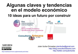 Algunas claves y tendencias
en el modelo económico
10 ideas para un futuro por construir

14/01/2014
http://creativecommons.org/licenses/by-sa/3.0/es/

Julen Iturbe-Ormaetxe juleniturbe@gmail.com
http://blog.consultorartesano.com
http://twitter.com/juleniturbe

 