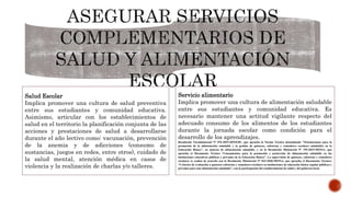 Salud Escolar
Implica promover una cultura de salud preventiva
entre sus estudiantes y comunidad educativa.
Asimismo, articular con los establecimientos de
salud en el territorio la planificación conjunta de las
acciones y prestaciones de salud a desarrollarse
durante el año lectivo como: vacunación, prevención
de la anemia y de adicciones (consumo de
sustancias, juegos en redes, entre otros), cuidado de
la salud mental, atención médica en casos de
violencia y la realización de charlas y/o talleres.
Servicio alimentario
Implica promover una cultura de alimentación saludable
entre sus estudiantes y comunidad educativa. Es
necesario mantener una actitud vigilante respecto del
adecuado consumo de los alimentos de los estudiantes
durante la jornada escolar como condición para el
desarrollo de los aprendizajes.
Resolución Viceministerial N° 076-2019-MINEDU, que aprueba la Norma Técnica denominada "Orientaciones para la
promoción de la alimentación saludable y la gestión de quioscos, cafeterías y comedores escolares saludables en la
Educación Básica", en materia de alimentación saludable, y en la Resolución Ministerial N° 195-2019-MINSA, que
aprueba el Documento Técnico “Lineamientos para la promoción y protección de alimentación saludable en las
instituciones educativas públicas y privadas de la Educación Básica”. La supervisión de quioscos, cafeterías y comedores
escolares se realiza de acuerdo con la Resolución Ministerial N° 033-2020-MINSA, que aprueba el Documento Técnico:
“Criterios de evaluación a quioscos cafeterías y comedores escolares en instituciones de educación básica regular públicas y
privadas para una alimentación saludable”, con la participación del establecimiento de salud y del gobierno local.
 