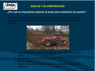 SUELOS Y SU PREPARACIÓN:
¿Por qué es importante preparar el suelo para instalación de pastos?.
Para favorecer un buen desarrollo de las pasturas, es decir, para la
germinación de las semillas, el crecimiento de las raíces, formación de
semillas.
 Contribuir a que el suelo disponga de más nutrientes para la
planta.
 Incorporación de restos de cosecha y materia orgánica del
cultivo anterior.
 Ayudar en la eliminación de insectos y hongos, como control
malezas.
 