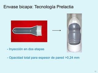15
- Inyección en dos etapas
- Opacidad total para espesor de pared >0,24 mm
Envase bicapa: Tecnología Prelactia
 