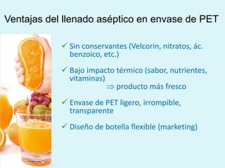 Ventajas del llenado aséptico en envase de PET
 Sin conservantes (Velcorin, nitratos, ác.
benzoico, etc.)
 Bajo impacto térmico (sabor, nutrientes,
vitaminas)
 producto más fresco
 Envase de PET ligero, irrompible,
transparente
 Diseño de botella flexible (marketing)
 
