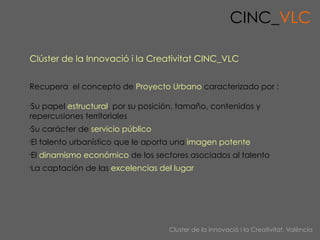 CINC_VLC

Clúster de la Innovació i la Creativitat CINC_VLC


Recupera el concepto de Proyecto Urbano caracterizado por :
...