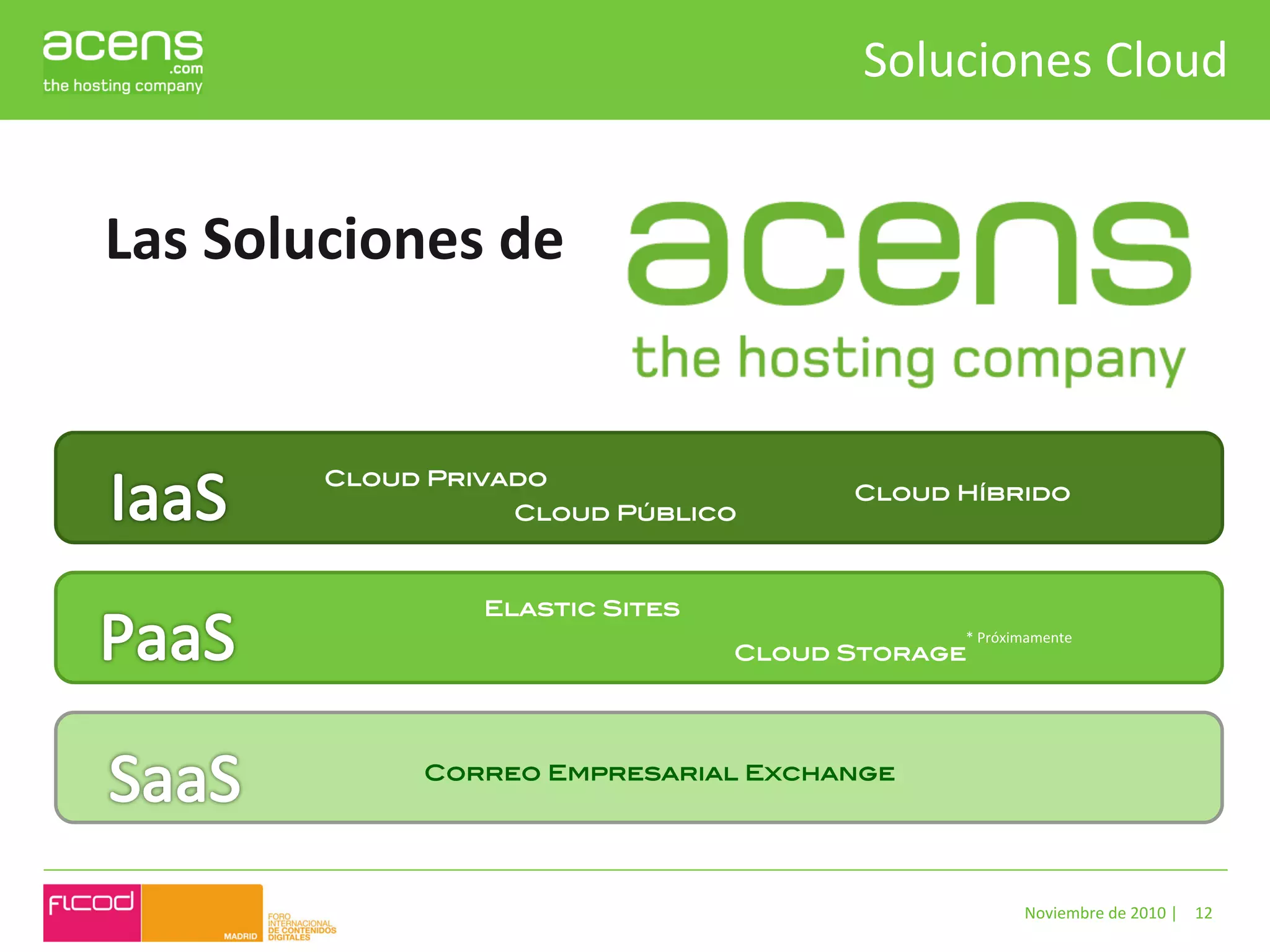 Soluciones	
  Cloud	
  


Las	
  Soluciones	
  de	
  


            Cloud Privado!
                                              Cloud Híbrido!
                        Cloud Público!



                      Elastic Sites!
                                                     *	
  Próximamente	
  
                                       Cloud Storage!




                  Correo Empresarial Exchange!




                                                                Noviembre	
  de	
  2010	
  |	
   12	
  
 