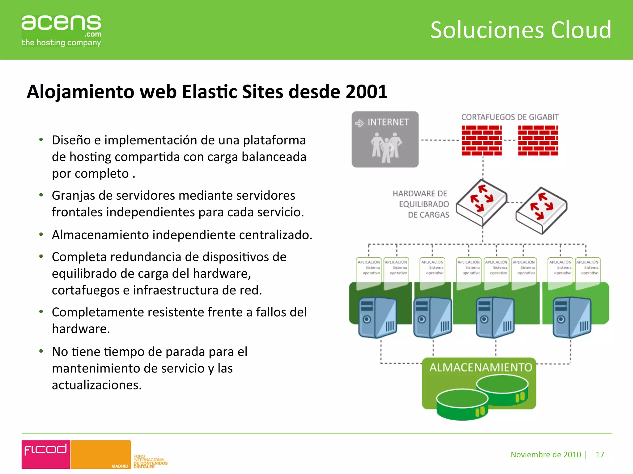 Soluciones	
  Cloud	
  

Alojamiento	
  web	
  ElasHc	
  Sites	
  desde	
  2001	
  

 •  Diseño	
  e	
  implementación	
  de	
  una	
  plataforma	
  
    de	
  hosBng	
  comparBda	
  con	
  carga	
  balanceada	
  
    por	
  completo	
  .	
  
 •  Granjas	
  de	
  servidores	
  mediante	
  servidores	
  
    frontales	
  independientes	
  para	
  cada	
  servicio.	
  
 •  Almacenamiento	
  independiente	
  centralizado.	
  
 •  Completa	
  redundancia	
  de	
  disposiBvos	
  de	
  
    equilibrado	
  de	
  carga	
  del	
  hardware,	
  
    cortafuegos	
  e	
  infraestructura	
  de	
  red.	
  
 •  Completamente	
  resistente	
  frente	
  a	
  fallos	
  del	
  
    hardware.	
  
 •  No	
  Bene	
  Bempo	
  de	
  parada	
  para	
  el	
  
    mantenimiento	
  de	
  servicio	
  y	
  las	
  
    actualizaciones.	
  



                                                                               Noviembre	
  de	
  2010	
  |	
   17	
  
 