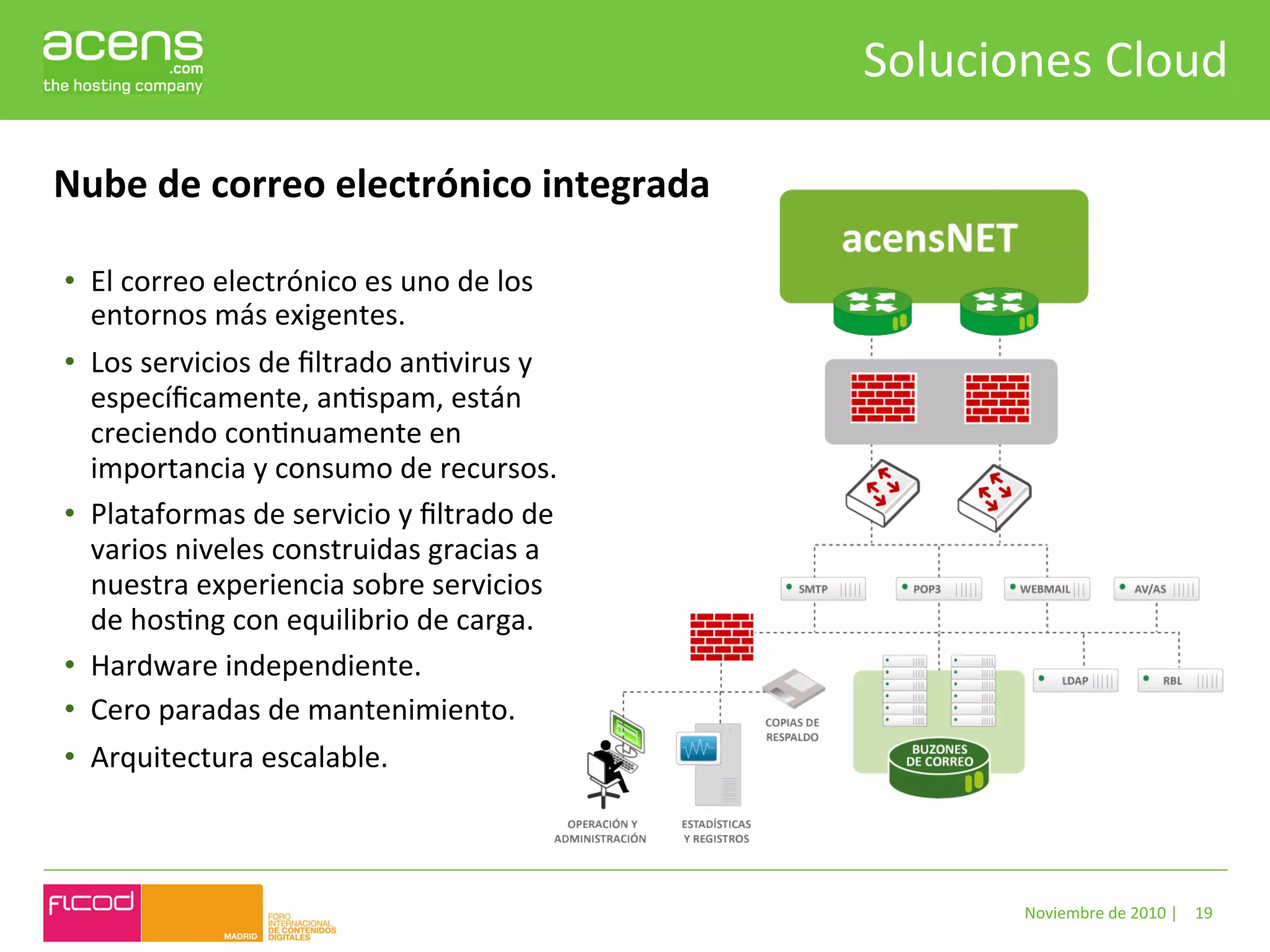 Soluciones	
  Cloud	
  

Nube	
  de	
  correo	
  electrónico	
  integrada	
  

•  El	
  correo	
  electrónico	
  es	
  uno	
  de	
  los	
  
   entornos	
  más	
  exigentes.	
  	
  
•  Los	
  servicios	
  de	
  ﬁltrado	
  anBvirus	
  y	
  
   especíﬁcamente,	
  anBspam,	
  están	
  
   creciendo	
  conBnuamente	
  en	
  
   importancia	
  y	
  consumo	
  de	
  recursos.	
  
•  Plataformas	
  de	
  servicio	
  y	
  ﬁltrado	
  de	
  
   varios	
  niveles	
  construidas	
  gracias	
  a	
  
   nuestra	
  experiencia	
  sobre	
  servicios	
  
   de	
  hosBng	
  con	
  equilibrio	
  de	
  carga.	
  	
  
•  Hardware	
  independiente.	
  	
  
•  Cero	
  paradas	
  de	
  mantenimiento.	
  	
  
•  Arquitectura	
  escalable.	
  



                                                                        Noviembre	
  de	
  2010	
  |	
   19	
  
 