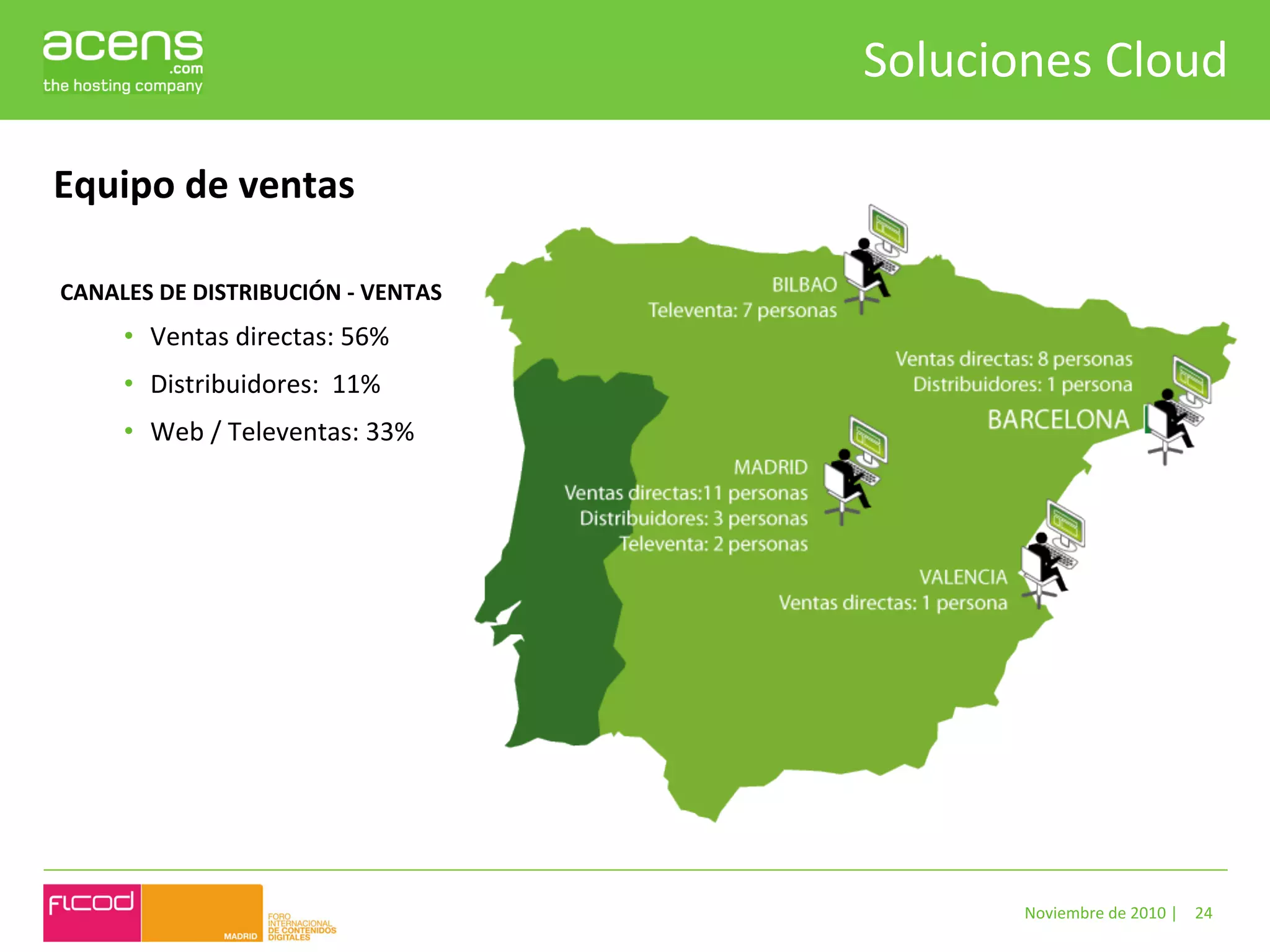 Soluciones	
  Cloud	
  

Equipo	
  de	
  ventas	
  

CANALES	
  DE	
  DISTRIBUCIÓN	
  -­‐	
  VENTAS	
  	
  
        •  Ventas	
  directas:	
  56%	
  
        •  Distribuidores:	
  	
  11%	
  
        •  Web	
  /	
  Televentas:	
  33%	
  




                                                                  Noviembre	
  de	
  2010	
  |	
   24	
  
 