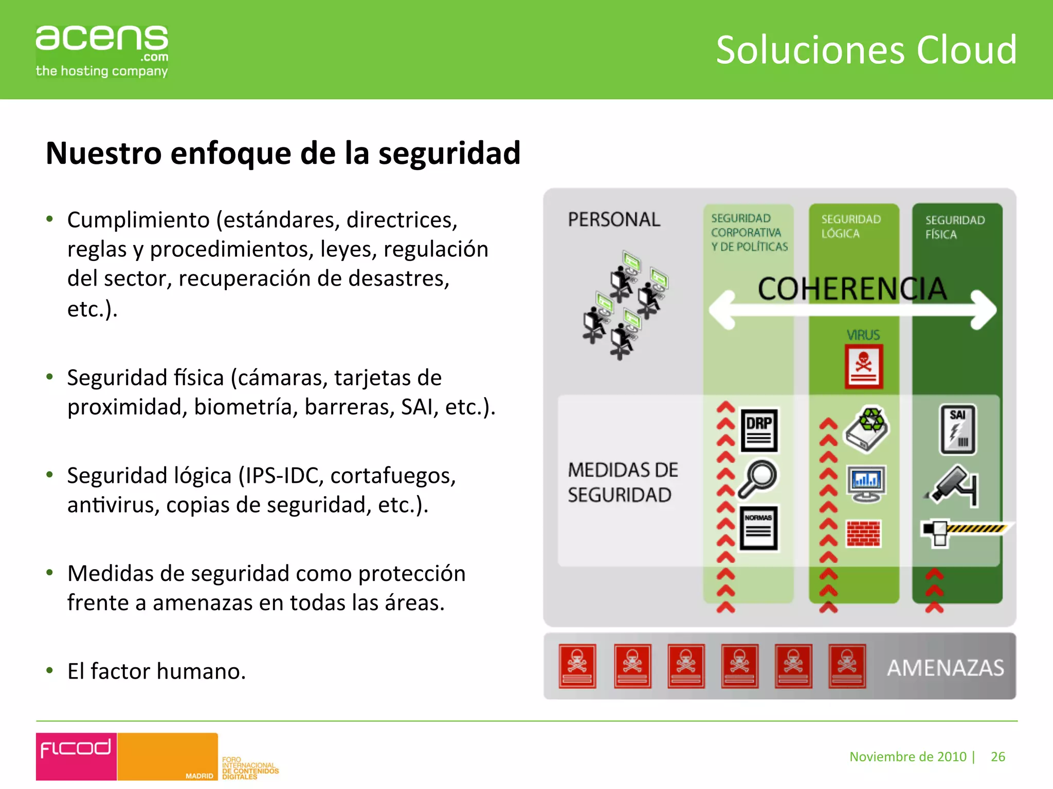 Soluciones	
  Cloud	
  

Nuestro	
  enfoque	
  de	
  la	
  seguridad	
  
•  Cumplimiento	
  (estándares,	
  directrices,	
  
   reglas	
  y	
  procedimientos,	
  leyes,	
  regulación	
  
   del	
  sector,	
  recuperación	
  de	
  desastres,	
  
   etc.).	
  	
  
   	
  
•  Seguridad	
  rsica	
  (cámaras,	
  tarjetas	
  de	
  
   proximidad,	
  biometría,	
  barreras,	
  SAI,	
  etc.).	
  
   	
  
•  Seguridad	
  lógica	
  (IPS-­‐IDC,	
  cortafuegos,	
  
   anBvirus,	
  copias	
  de	
  seguridad,	
  etc.).	
  	
  
   	
  
•  Medidas	
  de	
  seguridad	
  como	
  protección	
  
   frente	
  a	
  amenazas	
  en	
  todas	
  las	
  áreas.	
  	
  
   	
  
•  El	
  factor	
  humano.	
  


                                                                              Noviembre	
  de	
  2010	
  |	
   26	
  
 