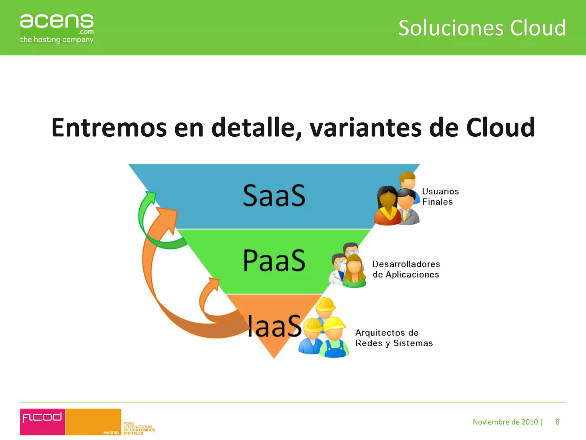 Soluciones	
  Cloud	
  



Entremos	
  en	
  detalle,	
  variantes	
  de	
  Cloud	
  




                                                  Noviembre	
  de	
  2010	
  |	
     8	
  
 