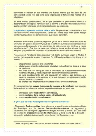10
personales e instalar en sus mentes una fuerza interna que les dote de una
personalidad sólida. Por eso toma tanta importancia el tema de los valores en la
educación.
En este mundo post-moderno, en el que prevalece el pensamiento débil y la
desorientación axiológica, hemos de dar al alumno la brújula y las cartas náuticas1
que le permitan orientarse en el mar proceloso de su existencia.
c) Aprender a aprender durante toda la vida. El aprendizaje durante toda la vida
se hace cada vez más indispensable. Dentro de veinte años nadie podrá trabajar
con la mayor parte de los conocimientos que hoy se aprenden.

Ante esta realidad nos podemos preguntar: ¿Cuál es la función de la educación en
un mundo en que nos toca vivir? ¿Cuál es el perfil del alumno que queremos educar
para que pueda responder a las demandas de este mundo con continua y rápida
transformación? ¿Qué tipo de personas debemos formar en los albores del siglo
XXI para que puedan dar respuesta a los retos la Sociedad del Conocimiento?
Pienso que el Paradigma Socio-cognitivo y el diseño curricular según el Modelo T
pueden dar respuesta a estas preguntas. En el Paradigma Socio-cognitivo y en el
Modelo T:
-

-

el aprendizaje sustituye a la enseñanza
el alumno es el centro del proceso educativo y el profesor se limita a la labor
de mediador
los fines que se persiguen son el desarrollo de Capacidades-destrezas,
Valores-actitudes, y no la adquisición de contenidos exclusivamente
se opta decididamente por una educación en valores que permiten a la
persona insertarse en la sociedad en la que vive como un sujeto responsable,
valioso, dinámico y creativo
se prioriza y da importancia al desarrollo de los “procesos mentales”.

En consecuencia, las nuevas funciones del maestro y del profesor, que emergen
de la realidad social en que vivimos se pueden concretar en estas tres:
-

el maestro como mediador del aprendizaje,
como mediador de la cultura social e institucional y
como arquitecto del conocimiento.

4. ¿Por qué se llama Paradigma Socio-cognitivo-humanista?
- El concepto Socio-cognitivo hace referencia a que el fundamento epistemológico
del Paradigma son las teorías Socio-cultural-contextual de Vygostsky y
Feuerstein y el paradigma Cognitivo de Piaget, Ausubel y Bruner, etc., así como
las teorías del procesamiento de la información, y de la teoría de la Gestalt -percepción global de la información en su forma y configuración – etc.

1

Délors, Jacques (1996) La educación encierra un tesoro. Madrid. Ediciones UNESCO.

 