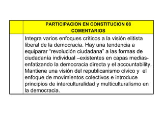 PARTICIPACION EN CONSTITUCION 08 COMENTARIOS Integra varios enfoques críticos a la visión elitista liberal de la democracia. Hay una tendencia a equiparar “revolución ciudadana” a las formas de ciudadanía individual –existentes en capas medias- enfatizando la democracia directa y el accountability. Mantiene una visión del republicanismo cívico y  el enfoque de movimientos colectivos e introduce principios de interculturalidad y multiculturalismo en la democracia.  