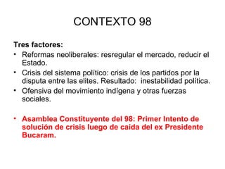 CONTEXTO 98 Tres factores: Reformas neoliberales: resregular el mercado, reducir el Estado. Crisis del sistema político: crisis de los partidos por la  disputa entre las elites. Resultado:  inestabilidad política. Ofensiva del movimiento indígena y otras fuerzas sociales.  Asamblea Constituyente del 98: Primer Intento de solución de crisis luego de caída del ex Presidente Bucaram.  
