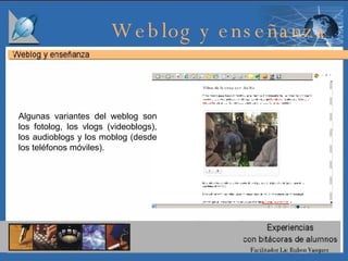 Algunas variantes del weblog son los fotolog, los vlogs (videoblogs), los audioblogs y los moblog (desde los teléfonos móviles).  Weblog y enseñanza  