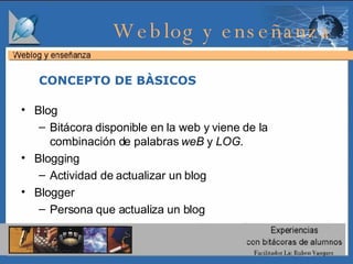 Blog  Bitácora disponible en la web y viene de la combinación de palabras  weB  y  LOG . Blogging Actividad de actualizar un blog Blogger Persona que actualiza un blog CONCEPTO DE BÀSICOS  Weblog y enseñanza  