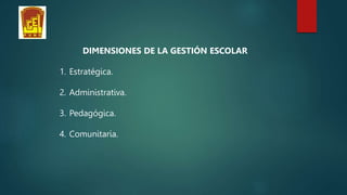 DIMENSIONES DE LA GESTIÓN ESCOLAR
1. Estratégica.
2. Administrativa.
3. Pedagógica.
4. Comunitaria.
 