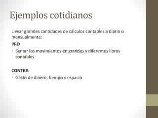 Ejemplos cotidianos
Llevar grandes cantidades de cálculos contables a diario o
mensualmente:
PRO
• Sentar los movimientos en grandes y diferentes libros
contables
CONTRA
• Gasto de dinero, tiempo y espacio
 