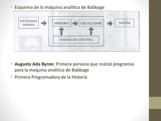 • Esquema de la máquina analítica de Babbage
• Augusta Ada Byron: Primera persona que realizó programas
para la maquina analitica de Babbage
• Primera Programadora de la Historia
 