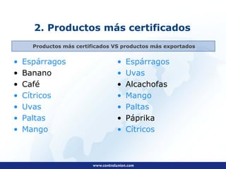 2. Productos más certificados
      Productos más certificados VS productos más exportados


•   Espárragos                    •   Espárragos
•   Banano                        •   Uvas
•   Café                          •   Alcachofas
•   Cítricos                      •   Mango
•   Uvas                          •   Paltas
•   Paltas                        •   Páprika
•   Mango                         •   Cítricos
 