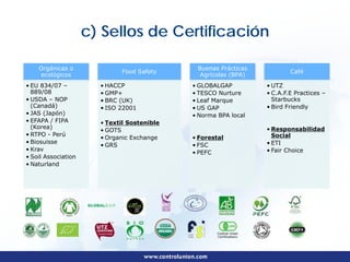 c) Sellos de Certificación

    Orgánicas o                               Buenas Prácticas
                             Food Safety                                 Café
     ecológicos                                Agrícolas (BPA)
• EU 834/07 –          • HACCP               • GLOBALGAP         • UTZ
  889/08               • GMP+                • TESCO Nurture     • C.A.F.E Practices –
• USDA – NOP           • BRC (UK)            • Leaf Marque         Starbucks
  (Canadá)             • ISO 22001           • US GAP            • Bird Friendly
• JAS (Japón)                                • Norma BPA local
• EFAPA / FIPA         • Textil Sostenible
  (Korea)                                                        • Responsabilidad
                       • GOTS
• RTPO - Perú                                                      Social
                       • Organic Exchange    • Forestal
• Biosuisse                                                      • ETI
                       • GRS                 • FSC
• Krav                                                           • Fair Choice
                                             • PEFC
• Soil Association
• Naturland
 