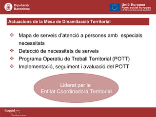 Mapa de serveis d’atenció a persones amb  especials necessitats Detecció de necessitats de serveis Programa Operatiu de Treball Territorial (POTT) Implementació, seguiment i avaluació del POTT Actuacions de la Mesa de Dinamització Territorial  Liderat per la  Entitat Coordinadora Territorial 