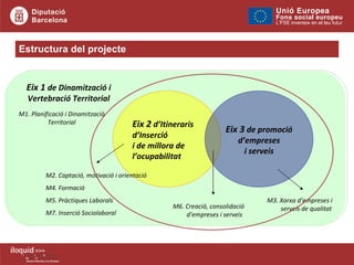 Eix 2  d’Itineraris d’Inserció i de millora de l’ocupabilitat M6. Creació, consolidació d’empreses i serveis M2. Captació, motivació i orientació  M4. Formació M5. Pràctiques Laborals M7. Inserció Sociolaboral M3. Xarxa d’empreses i serveis de qualitat Eix 3  de promoció d’empreses i serveis M1. Planificació i Dinamització Territorial Eix 1  de Dinamització i Vertebració Territorial Estructura del projecte 