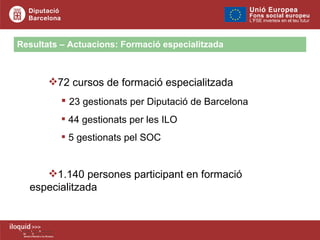 Resultats – Actuacions: Formació especialitzada 72 cursos de formació especialitzada 23 gestionats per Diputació de Barcelona 44 gestionats per les ILO 5 gestionats pel SOC 1.140 persones participant en formació  especialitzada 