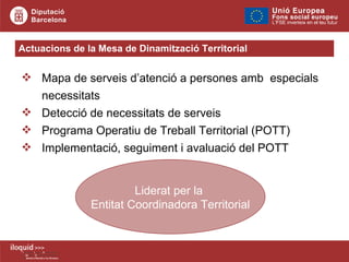 Mapa de serveis d’atenció a persones amb  especials necessitats Detecció de necessitats de serveis Programa Operatiu de Treball Territorial (POTT) Implementació, seguiment i avaluació del POTT Actuacions de la Mesa de Dinamització Territorial  Liderat per la  Entitat Coordinadora Territorial 