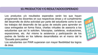 10. PRODUCTOS Y/O RESULTADOS ESPERADO
Los productos y/o resultados esperados serán los que hayan
programado los docentes en sus respectivas áreas y el cumplimiento
del desarrollo de dicha actividad por parte del estudiante como lo son
los trabajos del desarrollo de las guías de estudio para aprender en
casa entregados en forma física, charlas virtuales de asesoría a los
estudiantes que así lo soliciten, fotocopias, carteleras, evaluaciones,
exposiciones, etc. Así mismo la asistencia y participación de los
padres de familia en los talleres desarrollados en el marco del la
“Escuela para padres”
Los estudiantes con PIAR superaran con mayor flexibilidad los logros
de área.
 