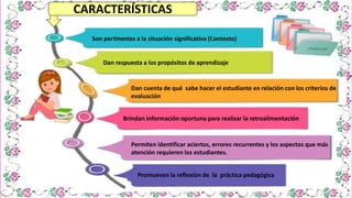 Son pertinentes a la situación significativa (Contexto)
Dan respuesta a los propósitos de aprendizaje
Brindan información oportuna para realizar la retroalimentación
Permiten identificar aciertos, errores recurrentes y los aspectos que más
atención requieren los estudiantes.
Dan cuenta de qué sabe hacer el estudiante en relación con los criterios de
evaluación
Promueven la reflexión de la práctica pedagógica
CARACTERÍSTICAS
 