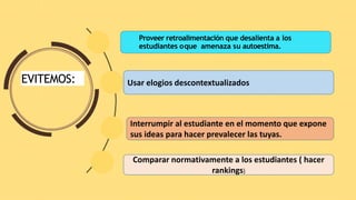 EVITEMOS:
Comparar normativamente a los estudiantes ( hacer
rankings)
Interrumpir al estudiante en el momento que expone
sus ideas para hacer prevalecer las tuyas.
Usar elogios descontextualizados
Proveer retroalimentación que desalienta a los
estudiantes oque amenaza su autoestima.
 