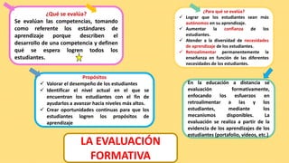 LA EVALUACIÓN
FORMATIVA
¿Para qué se evalúa?
 Lograr que los estudiantes sean más
autónomos en su aprendizaje.
 Aumentar la confianza de los
estudiantes.
 Atender a la diversidad de necesidades
de aprendizaje de los estudiantes.
 Retroalimentar permanentemente la
enseñanza en función de las diferentes
necesidades de los estudiantes.
¿Qué se evalúa?
Se evalúan las competencias, tomando
como referente los estándares de
aprendizaje porque describen el
desarrollo de una competencia y definen
qué se espera logren todos los
estudiantes.
Propósitos
 Valorar el desempeño de los estudiantes
 Identificar el nivel actual en el que se
encuentran los estudiantes con el fin de
ayudarlos a avanzar hacia niveles más altos.
 Crear oportunidades continuas para que los
estudiantes logren los propósitos de
aprendizaje
En la educación a distancia se
evaluación formativamente,
enfocando los esfuerzos en
retroalimentar a las y los
estudiantes, mediante los
mecanismos disponibles. La
evaluación se realiza a partir de la
evidencia de los aprendizajes de los
estudiantes (portafolio, videos, etc.)
 