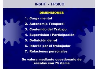 DIMENSIONES
1. Carga mental
2. Autonomía Temporal
3. Contenido del Trabajo
4. Supervisión / Participación
5. Definición de rol
6. Interés por el trabajador
7. Relaciones personales
Se valora mediante cuestionario de
escalas con 75 ítems
INSHT - FPSICO
 