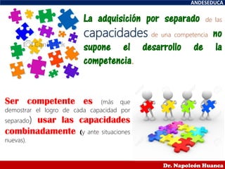 La adquisición por separado de las
capacidades de una competencia no
supone el desarrollo de la
competencia.
Ser competente es (más que
demostrar el logro de cada capacidad por
separado) usar las capacidades
combinadamente (y ante situaciones
nuevas).
ANDESEDUCA
Dr. Napoleón Huanca
 