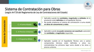 Sistema de Contratación para Obras
(según Art°29 del Reglamento de Ley de Contrataciones del Estado)
www.cietsiperu.com
SistemadeContratación
C. A Suma Alzada
C. A Precios Unitarios
C. A Esquema Mixto
• Aplicable cuando las cantidades, magnitudes y calidades de la
prestación están definidas en el Expediente Técnico.
• No puede emplearse el sistema de contratación a suma alzada
en obras de saneamiento y viales.
• Aplicable cuando no puede conocerse con exactitud o precisión
las cantidades o magnitudes requeridas.
• Aplicable cuando en el Expediente Técnico uno o varios
componentes técnicos están definidos y otros no,
contratándose los primeros bajo suma alzada y los otros a
precios unitarios.
 