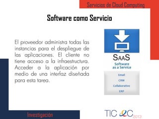 Software como Servicio
Servicios de Cloud Computing
Investigación
 