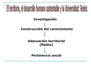 Investigación
Adecuación territorial
(Redes)
Construcción del conocimiento
Pertinencia social
 