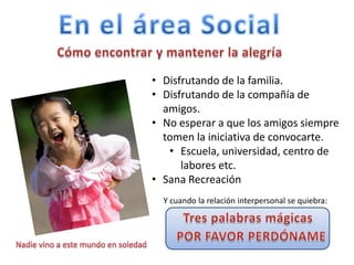 • Disfrutando de la familia.
• Disfrutando de la compañía de
amigos.
• No esperar a que los amigos siempre
tomen la iniciativa de convocarte.
• Escuela, universidad, centro de
labores etc.
• Sana Recreación
Y cuando la relación interpersonal se quiebra:
 