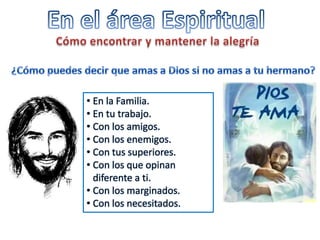 • En la Familia.
• En tu trabajo.
• Con los amigos.
• Con los enemigos.
• Con tus superiores.
• Con los que opinan
diferente a ti.
• Con los marginados.
• Con los necesitados.
 